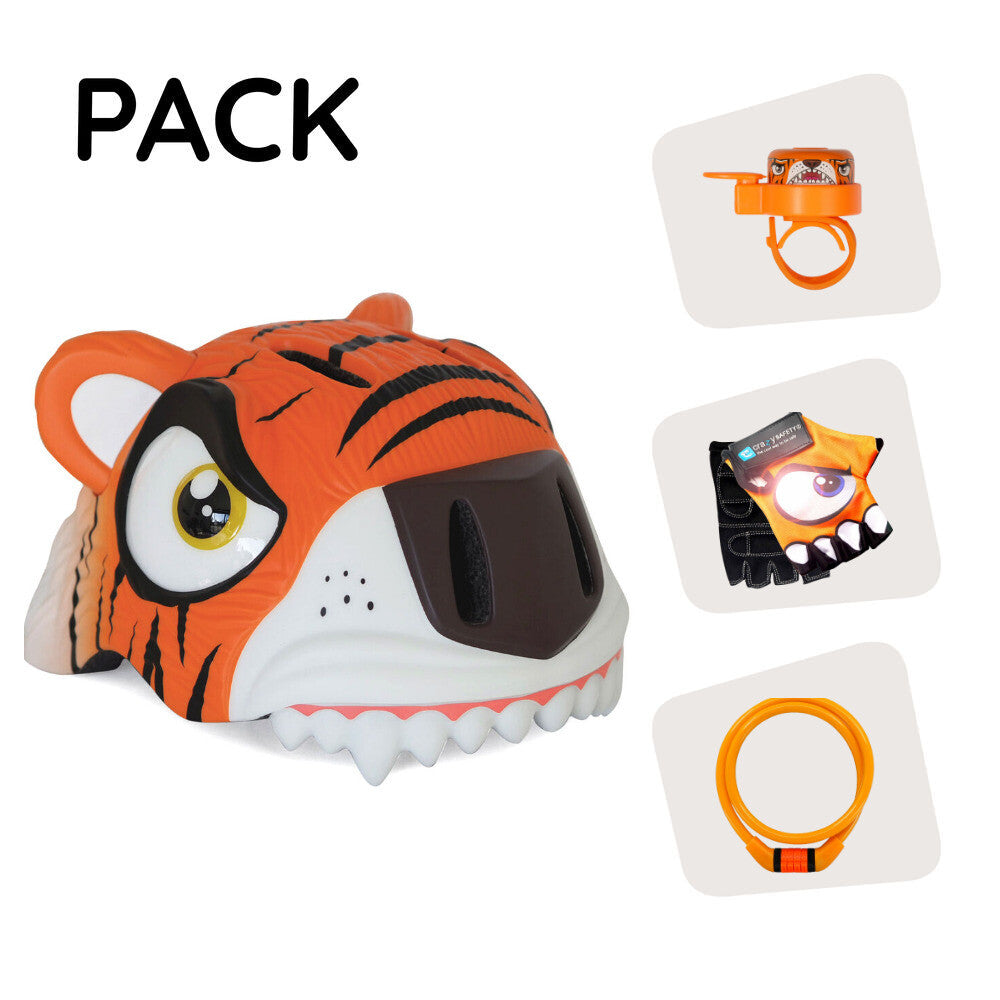 Pack de produits : Casque de vélo tigre orange, gants de cyclisme, cadenas et sonnette tigre pour enfants.