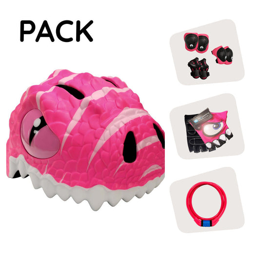  Ensemble de produits : casque de vélo dinosaure rose, équipement de protection, cadenas et gants de cyclisme pour enfants.