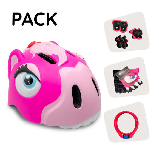  Pack de produits : Casque de vélo poney rose, équipement de protection, antivol et gants de vélo pour enfants 