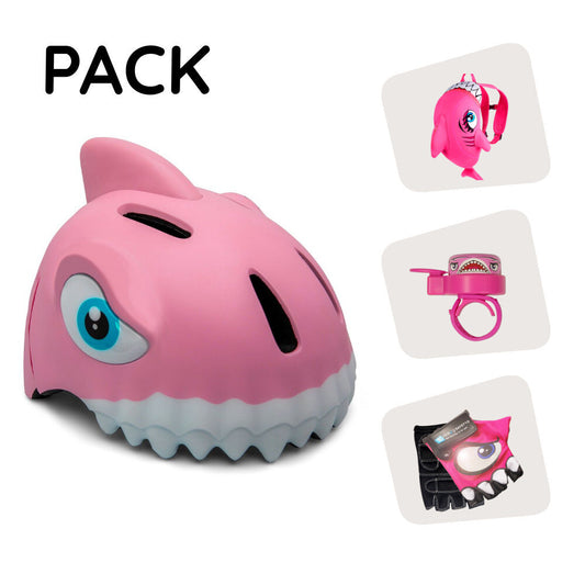  Ensemble de produits : Casque de vélo requin rose, sac à dos requin, gants de cyclisme requin et sonnette requin pour enfants 