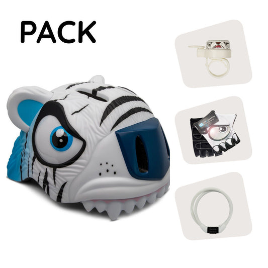  Pack produit : Casque de vélo tigre blanc, gants de cyclisme, antivol et sonnette tigre pour enfants 