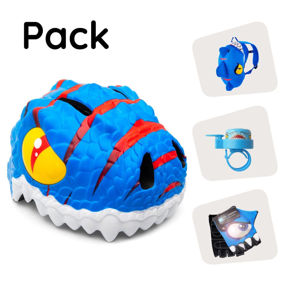 Crazy Safety Bicycle helmet Product bundle: Blue dino bike helmet, backpack, cycling gloves & bell for children