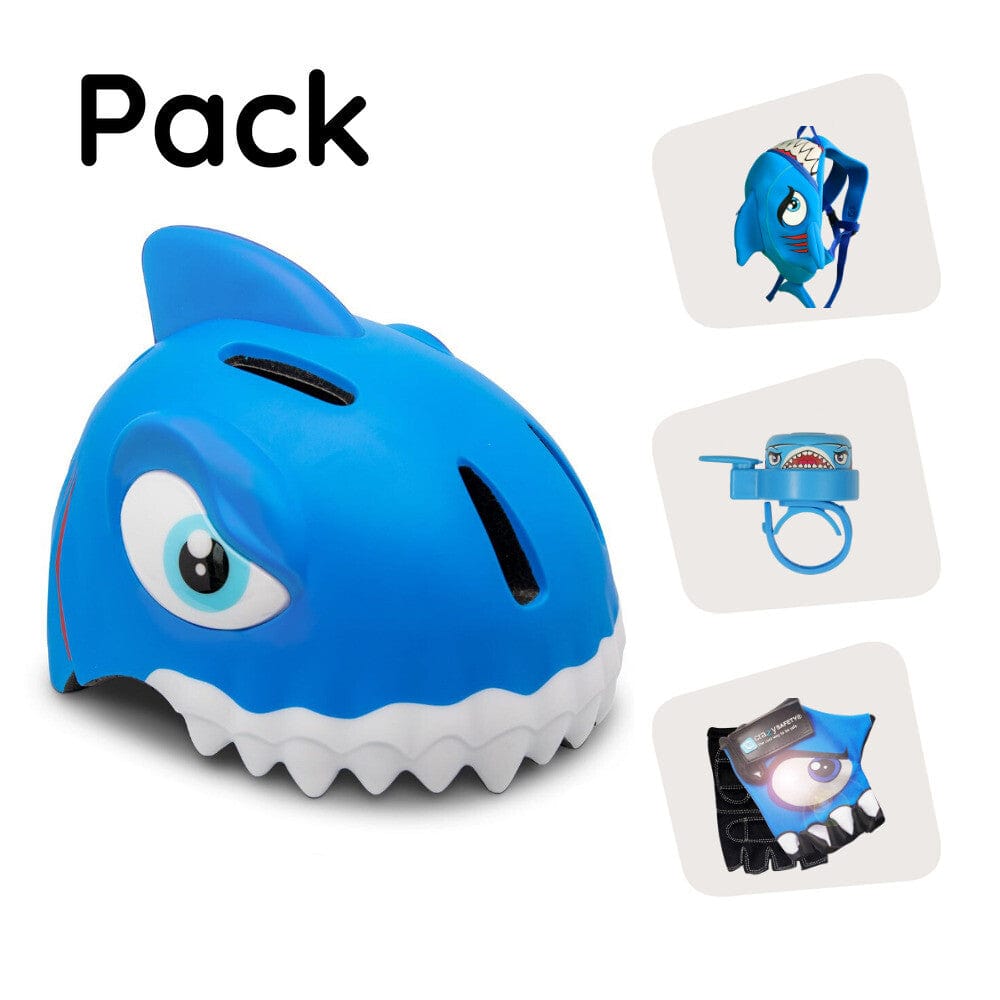 Crazy Safety Bicycle helmet Product bundle: Blue shark bicycle helmet, backpack, cycling gloves & bell for children