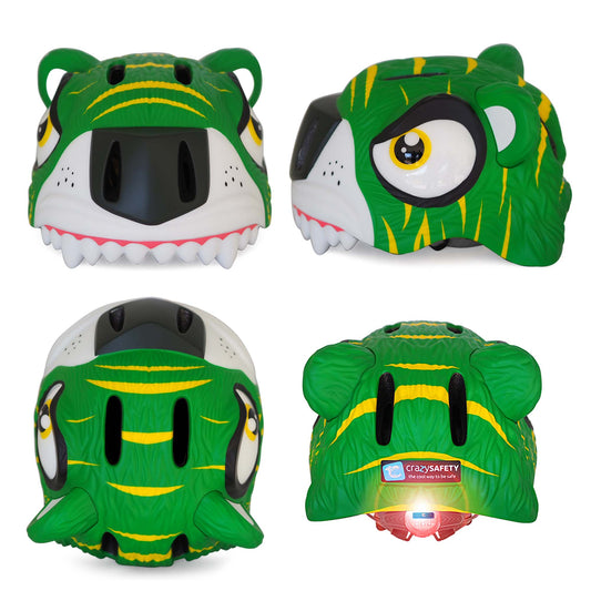 Crazy Safety Bicycle helmet Product bundle: Green tiger bike helmet, cycling gloves, lock, and tiger bell for children