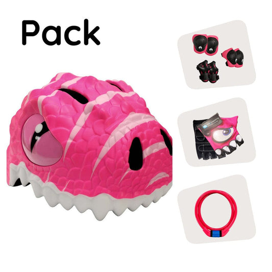 Crazy Safety Product bundle: Pink dino bike helmet, protective gear, lock, and cycling gloves for kids.